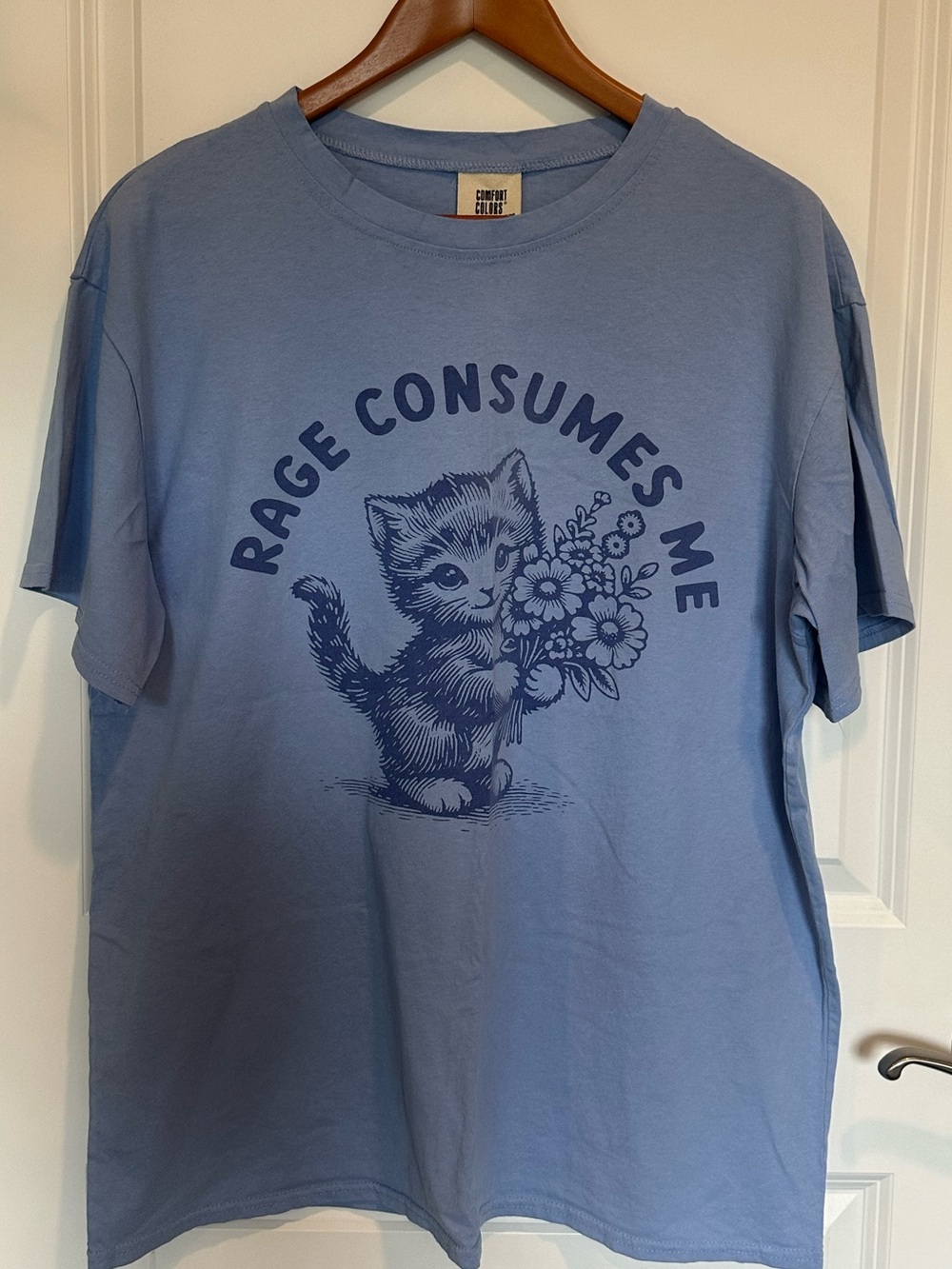 Comfort Colors Light Blue 'Rage Consumes Me' Cat Graphic Tee, Men’s XL